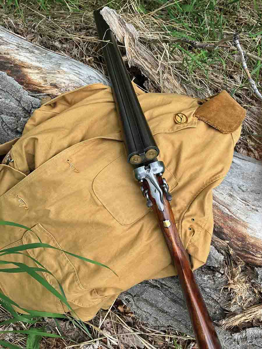 Parker double 10-gauge shotgun in the field “ready” position.